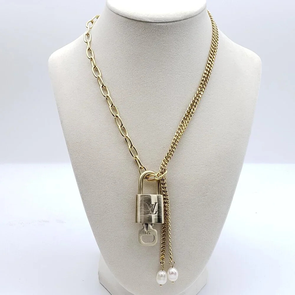 Stainless Steel Gold-Plated Necklace with Authentic Louis Vuitton Padlock